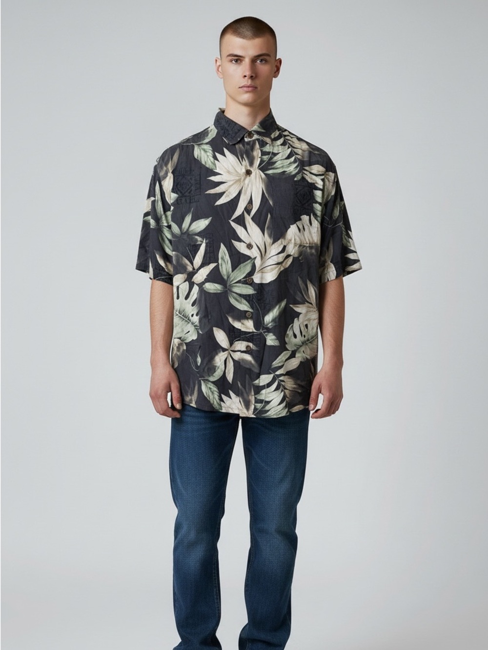 Caribbean Joe Mens Size L Short Sleeve Hawaiian Silk Cotton Button Up Shirt